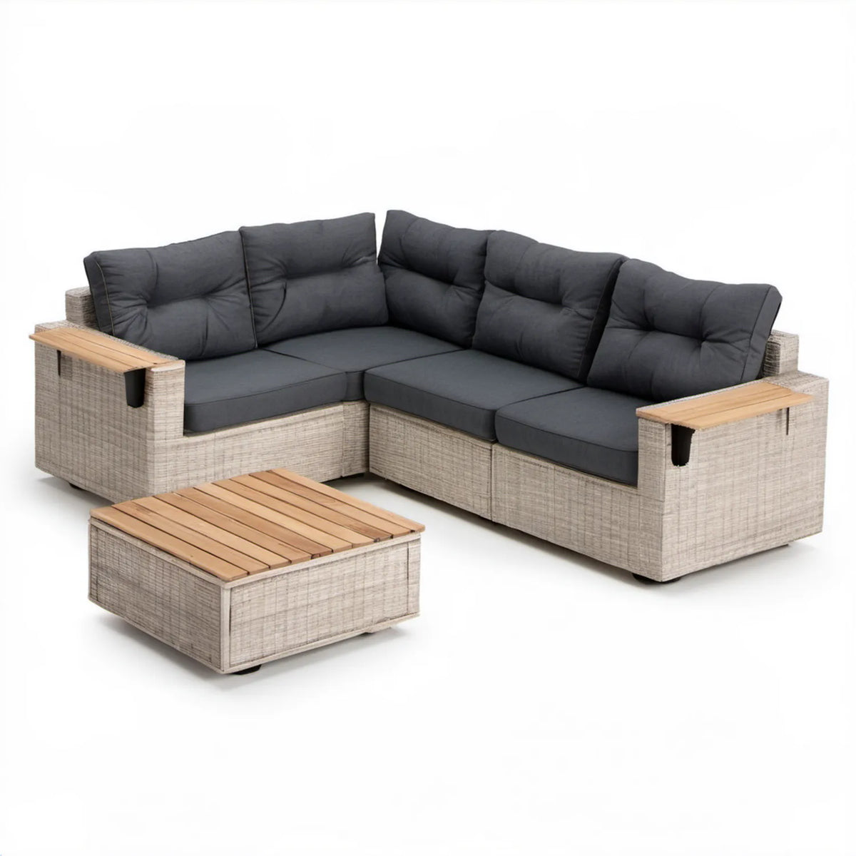 Narożna sofa ogrodowa ze stolikiem 245 x 245 cm Szara/Grafitowa/Naturalny Brąz