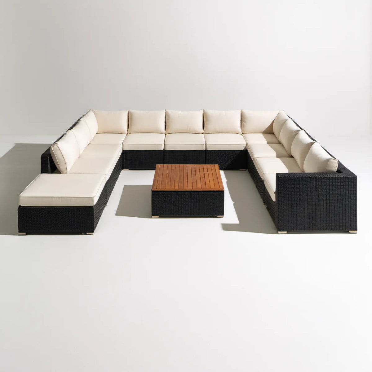 Modułowy zestaw wypoczynkowy w kształcie U z technorattanu PE, czarno-kremowy, 350 x 280 x 65 cm