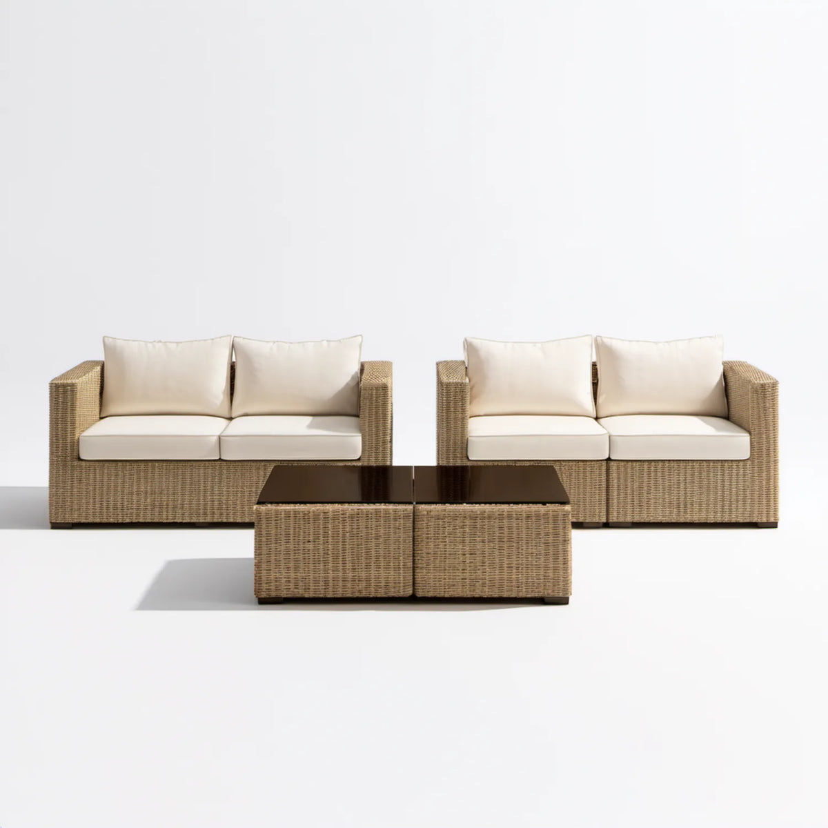 Zestaw wypoczynkowy z technorattanu PE: 2 sofy 160 × 80 × 75 cm i 2 stoliki 70 × 50 × 40 cm, Beż naturalny/Kremowy/Ciemnobrązowy