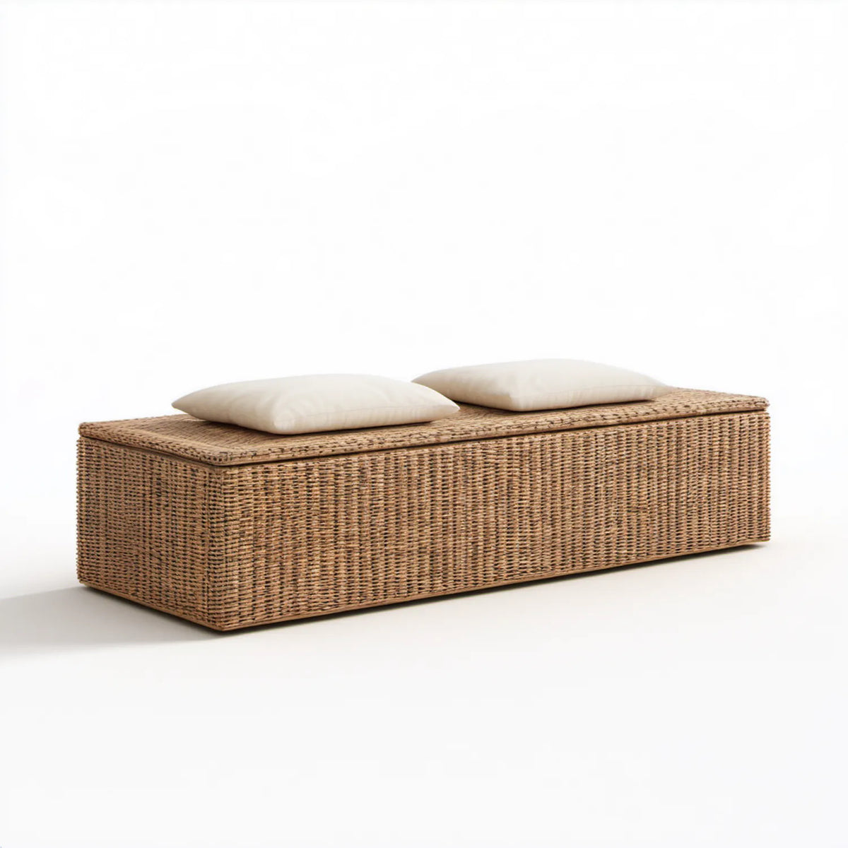 Beżowo-brązowe siedzisko ze schowkiem z technorattanu 120 x 45 x 45 cm, 2 kremowe poduszki