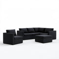 Czarny zestaw z technorattanu PE: sofa 210 x 70 x 63 cm, fotel 82 x 70 x 63 cm i pufa 70 x 70 x 30 cm
