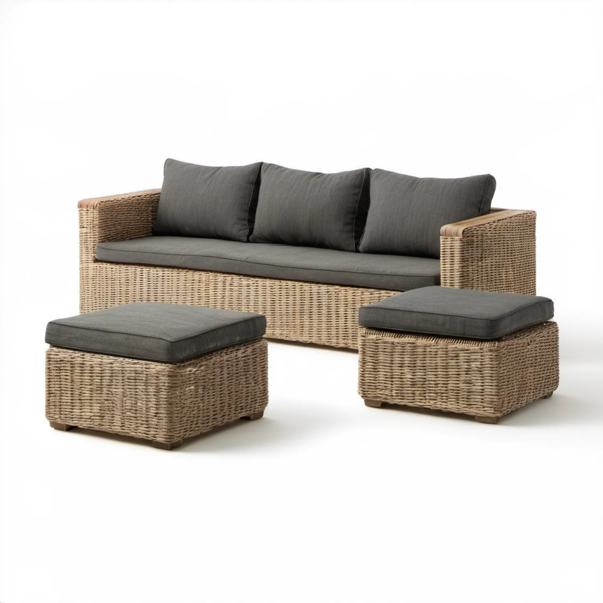 Beżowo-antracytowy zestaw wypoczynkowy z technorattanu PE, sofa 210 x 80 x 85 cm i 2 pufy