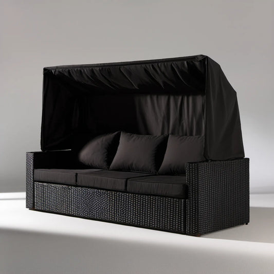 Czarna sofa ogrodowa 3-osobowa z daszkiem 180 × 75 × 180 cm