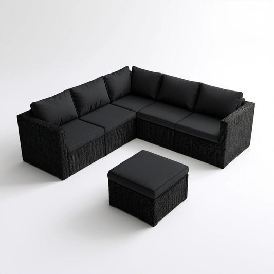 Czarny modułowy narożnik ogrodowy z pufą z technorattanu 220 x 220 x 63 cm