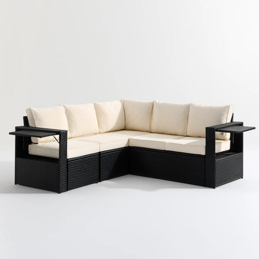 Narożna sofa ogrodowa w kształcie L, czarno-kremowa, 210 x 210 x 85 cm, z technorattanu PE i poliestru