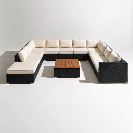 Modułowy zestaw wypoczynkowy w kształcie U z technorattanu PE, czarno-kremowy, 350 x 280 x 65 cm